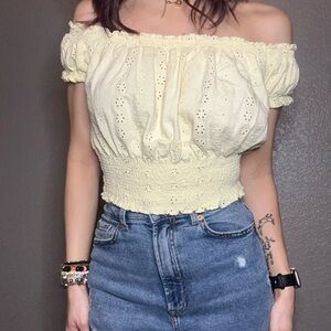 Yellow Off-Shoulder Eyelet Top